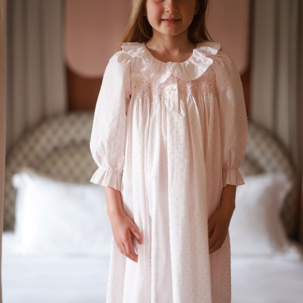 Nightingale Girl's Dress Powder Puff Plumetti with Marshmallow Hand Smocking
