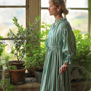 Aloha Wanderwell Dress Wimbledon Stripe with White Honeycomb Hand Smocking