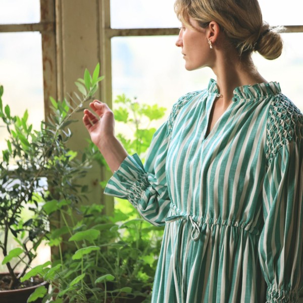 Aloha Wanderwell Dress Wimbledon Stripe with White Honeycomb Hand Smocking Aloha Wanderwell Dress Wimbledon Stripe with White Honeycomb Hand Smocking