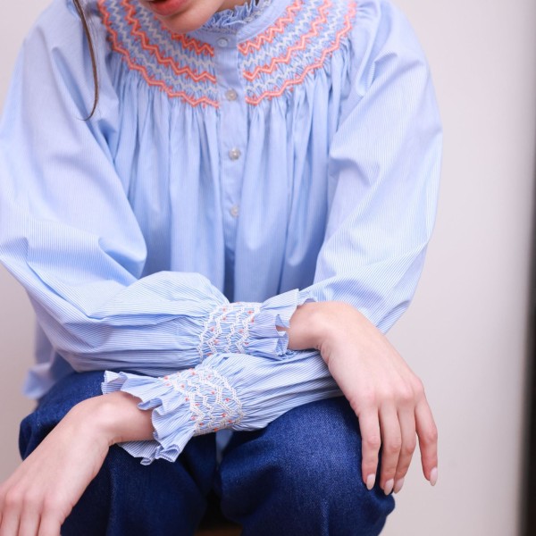 Scholl Blouse Oxford Stripe with Orange Blossom Hand Smocking Edition 62 Scholl Blouse Oxford Stripe with Orange Blossom Hand Smocking Edition 62