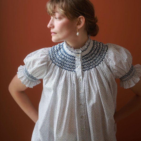 Scholl Blouse Paint Prick Linen with Navy Hand Smocking Edition 57 Scholl Blouse Paint Prick Linen with Navy Hand Smocking Edition 57