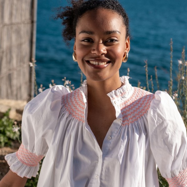 Scholl Women's Summer Blouse White with Coral Hand Smocking Scholl Women's Summer Blouse White with Coral Hand Smocking